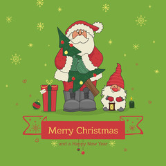 Santa Claus holding a Christmas tree and next to the little gnome, illustration for Christmas.