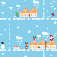 christmas cartoon seamless pattern, santa claus and helpers delivering presents