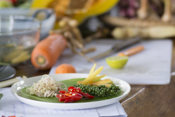 Herb ingredient of Tom Yum spicy soup Traditional Thai food cuisine put on Recipe