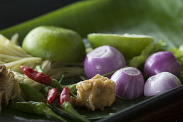 Herb ingredient of Tom Yum spicy soup Traditional Thai food cuisine.