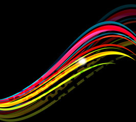 Rainbow color wavy lines on black background