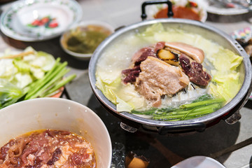 Food preparation and on the grill are pork and pork liver, as well as various vegetables to prepare to eat a meal and Thailand favourite people.
