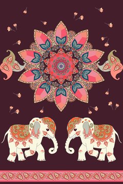 Wonderful ethnic vintage ornament with sun mandala, indian elephants, little flowers and paisley frame. Beautiful vector illustration. Retro design.