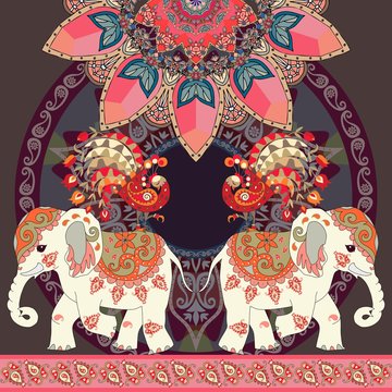 Template for tea packing with elephants, sun mandala, peacocks and paisley border. Luxury vector illustration. Vector background. Space for text.