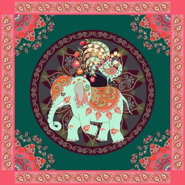 Invitation, vintage greeting card, pillowcase or ethnic bandana print with cute elephant, peacock, mandala and  paisley border. Beautiful vector illustration in indian, thai style.