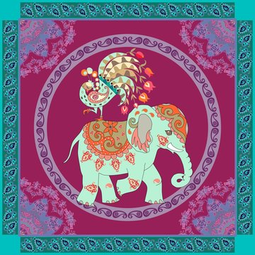 Tea packaging design. Indian elephant, fairy peacock, flowers, mandala and paisley frame. Vintage greeting card. Beautiful vector illustration.