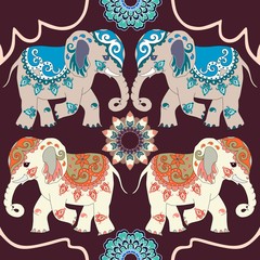 Vector ornament with funny indian elephants and flowers mandalas.