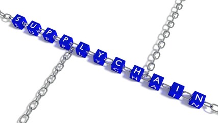 The word supply chain on blue cubes connected by iron chain elements