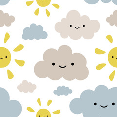 Cute Sun and Cloud Seamless Pattern Background, Vector illustration