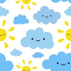 Cute Sun and Cloud Seamless Pattern Background, Vector illustration