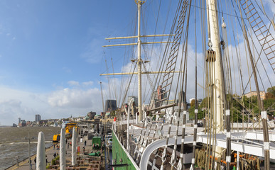 Panoramic view of the city of Hamburg. On the background the famous landungs brucke.