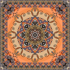 Ethnic square rug with flower mandala and zigzag ornamental frame. Shawl, lovely tablecloth, pillowcase. Russian, indian, persian motives.