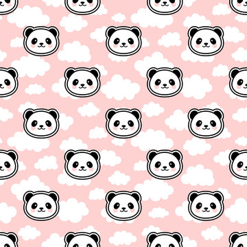 Cute Cartoon Panda Seamless Pattern Background, Vector Illustration