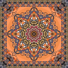 Retro pattern with beautiful flower mandala and zigzag ornamental frame on bright orange background. Seamless print for fabric. Vector illustration.