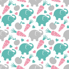 Elephant Seamless Pattern Background with Fruit and Heart, Vector illustration 
