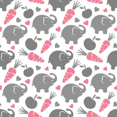 Elephant Seamless Pattern Background with Fruit and Heart, Vector illustration 
