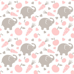 Elephant Seamless Pattern Background with Fruit and Heart, Vector illustration 