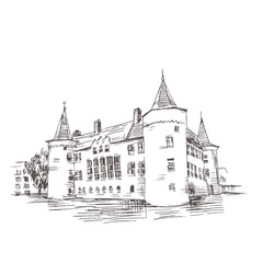 Graphic illustration of a castle. Picture of an old West European castle. Graphical black and white illustration - 180624213