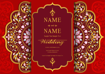 Indian wedding Invitation card templates with patterned and crystals on paper color.