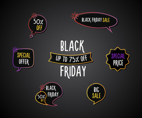 Black Friday set of fun labels, tags, speech bubbles, banners, logos, icons. Hand drawn doodle vector design set