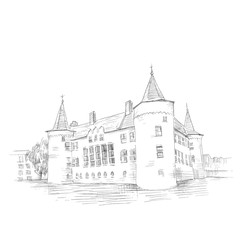 Graphic illustration of a castle. Picture of an old West European castle. Graphical black and white illustration