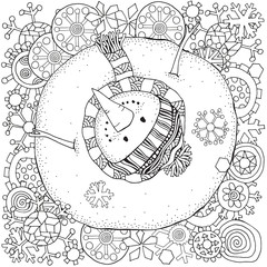 Cheerful snowman and snowflakes. Winter, snow, sled, carrot, buttons. Merry Christmas, Happy New Year. Pattern for adult coloring book. Black and white.