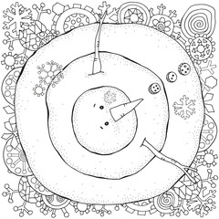 Cheerful snowman and snowflakes. Winter, snow, sled, carrot, buttons. Merry Christmas, Happy New Year. Pattern for adult coloring book. Black and white.