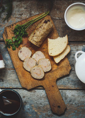 meat loaf with filling - serving on the kitchen board