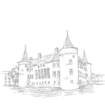 Graphic illustration of a castle. Picture of an old West European castle. Graphical black and white illustration