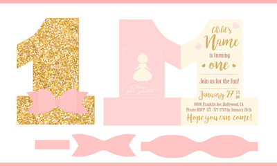 First birthday girl party. Printable invitation card for little princess. Gold glitter and pink. Shaped invite - number one. Template have place for real child's photo. Decorated realistic paper bow. 