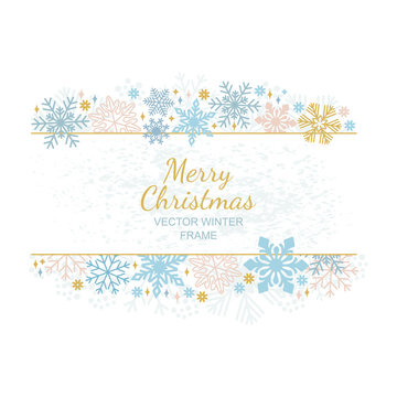 Snow flake frame, decoration on white background, Christmas design for invitation, greeting card. Vector illustration, merry xmas snowflake framework