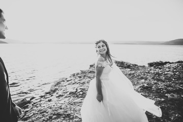 Elegant stylish happy wedding couple, bride, gorgeous groom on the background of sea and sky