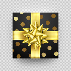 Christmas gift box present in golden ribbon bow and wrapping paper dotted pattern. Vector Christmas gold foil gift box isolated on transparent background for New Year holiday or Birthday greeting card
