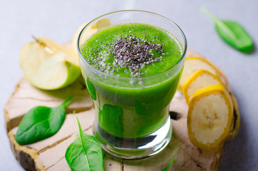 Green Smoothie, Healthy  Drink with Spinach, Apples, Banana and Chia Seeds