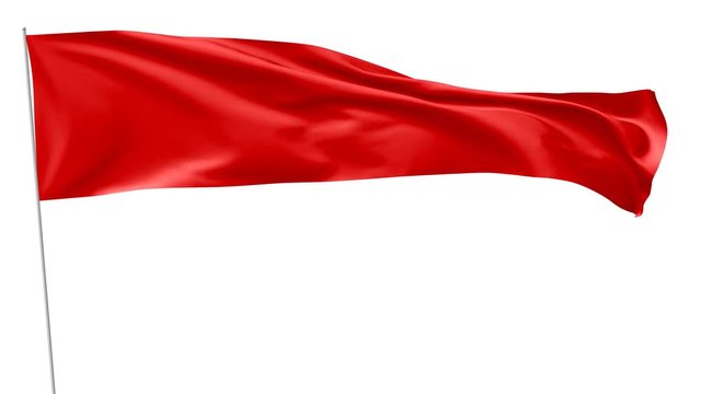 Long blank plain red flag on flagpole flying and waving in the wind, 3D animation with luma matte alpha channel included