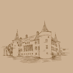 Graphic illustration of a castle. Picture of an old West European castle. Brown Castle on a buffy background - 180627641