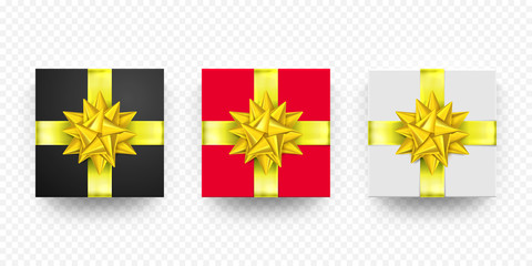 Christmas gift box present in golden ribbon bow and wrapping paper pattern. Vector premium red, black gift box set isolated on black background for New Year, Christmas holiday, Birthday greeting card