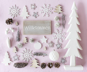 Christmas Decoration, Flat Lay, Willkommen Means Welcome