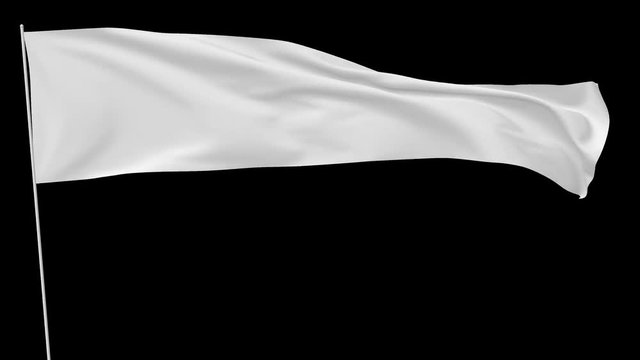 Long blank plain white flag on flagpole flying and waving in the wind, surrender flag, 3D animation with alpha channel included