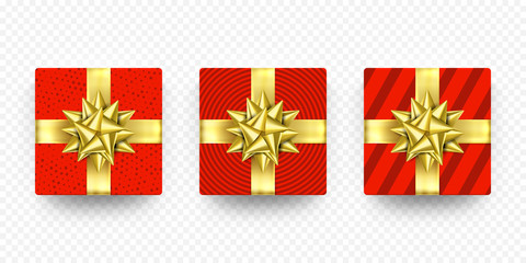 Christmas gift box red present in golden ribbon bow and wrapping paper wave pattern. Vector premium gift box isolated on transparent background for New Year, Christmas holiday, Birthday greeting card