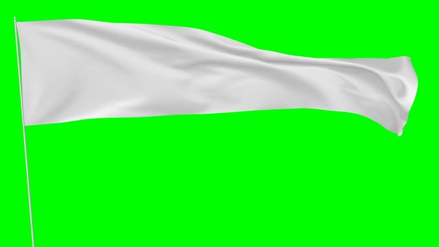 Long blank plain white flag on flagpole flying and waving in the wind, surrender flag, 3D animation with green screen