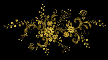 Realistic golden thread vector embroidery fashion patch. Flower rose daisy leaves vintage victorian design. Stitch texture floral arrangement clothes decoration illustration