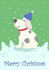 Greeting Christmas and new year card with funny doggy character in a sweet hat. Vector illustration
