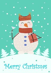 happy christmas and new year, greeting christmas card with cute snowman