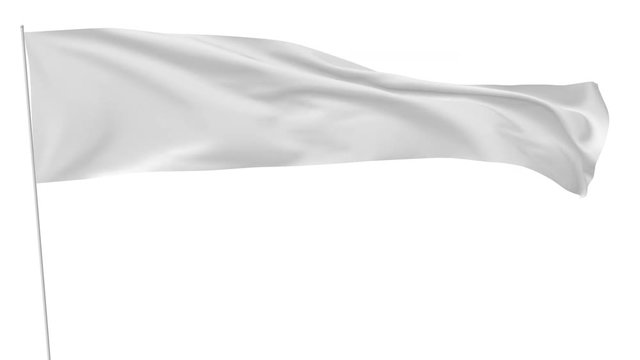Long blank plain white flag on flagpole flying and waving in the wind, surrender flag, 3D animation with luma matte alpha channel included