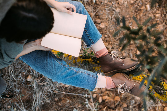 Over head top view shot of woman with brown hair looking through diary or mockup notebook, while in park or garden, sits on tree trunk day dreamer or student