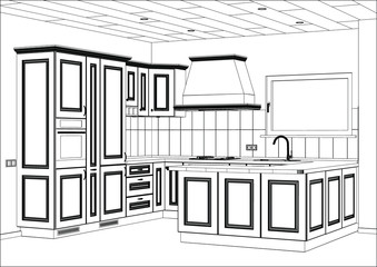 3D vector sketch. Classic kitchen design in home interior. Kitchen sketch with appliances.. Home Interior Design Software Programs. Retro.