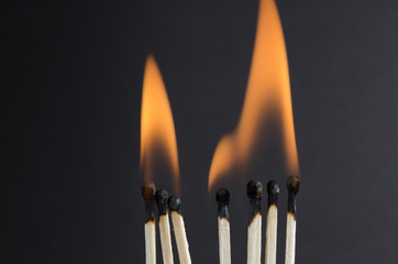 Burning matchstick on black background