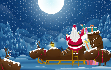 Santa claus vector on snow back ground.Santa claus with Reindeer in christmas day.Christmas vintage card and happy new year.