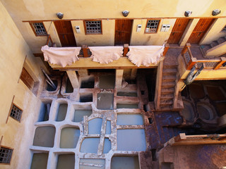 Coloration of leather in a ancient traditional leather tanneries tannery, Fes, Morocco, Africa